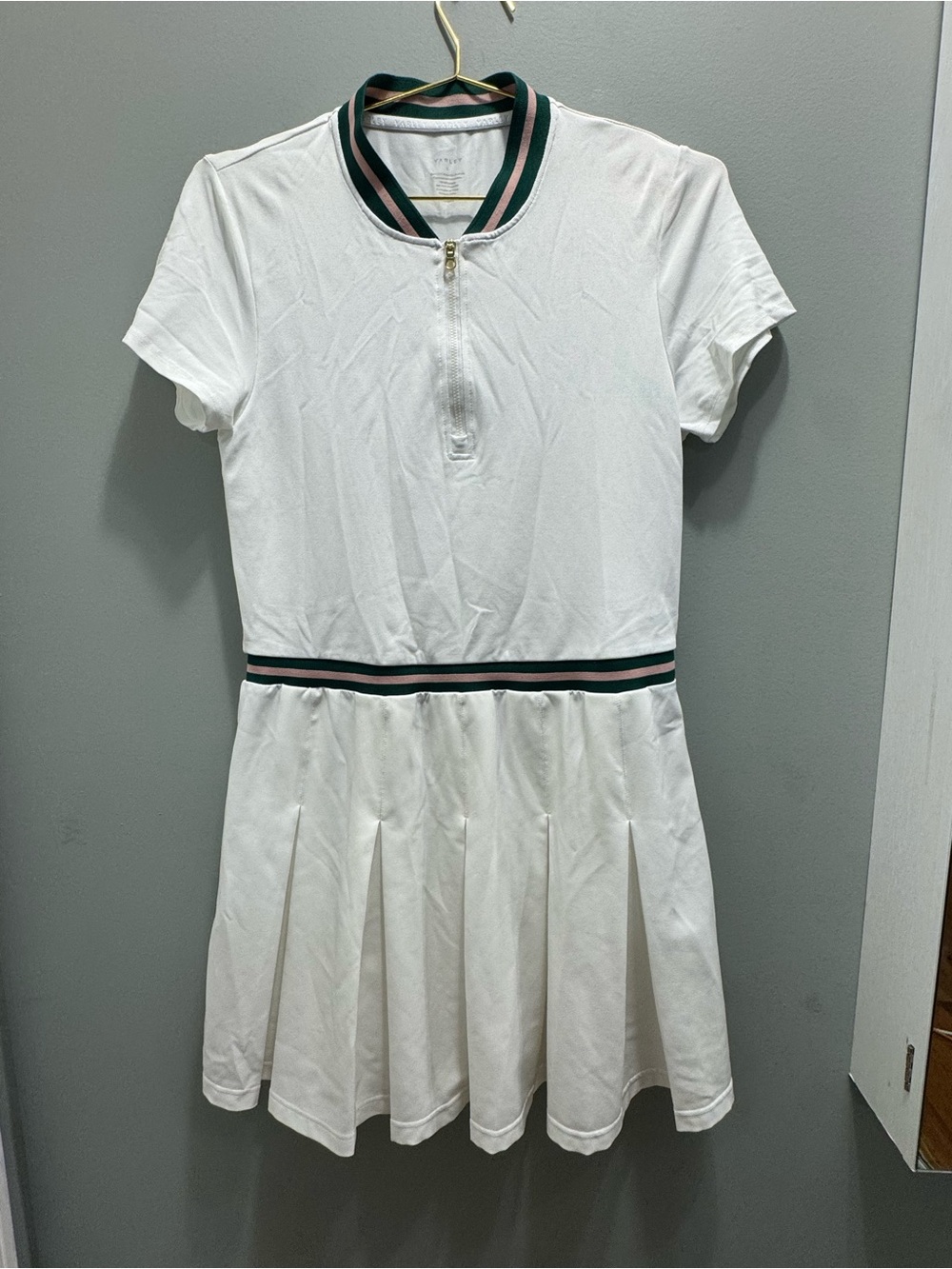 Varley White Tennis Dress with Green and Black Striped Trim